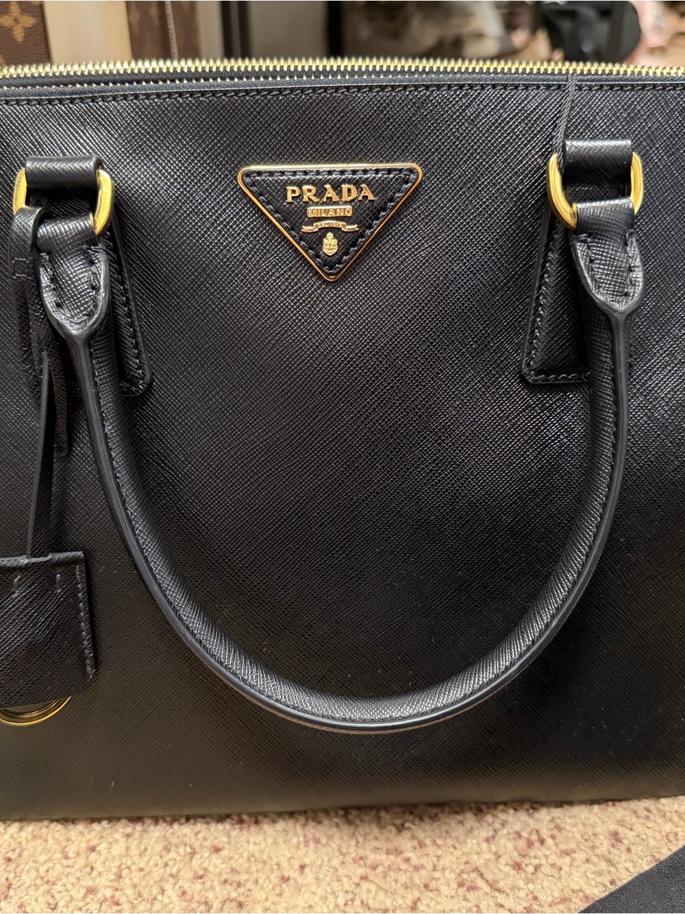 Prada Black Saffiano Leather Satchel with Gold Hardware